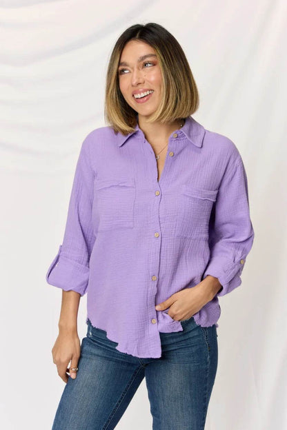 Zenana Texture Button Up Raw Hem Long Sleeve Shirt LAVENDER Trendsi aa917e26-1585-4ebb-8931-f81acbb75701-Max
