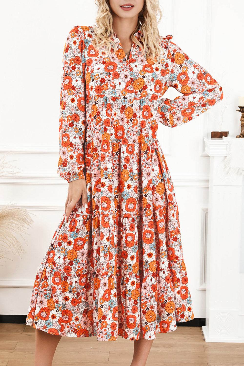 Floral Notched Neck Long Sleeve Dress Trendsi aa9195ca6b1c476490007f553b31d0c4-Max