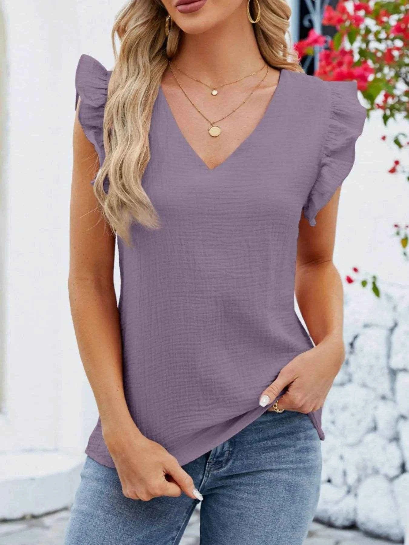V-Neck Ruffled Sleeve Top Trendsi aaab6f50-50c0-4cba-ba02-20e6bbb941fa-Max-Origin