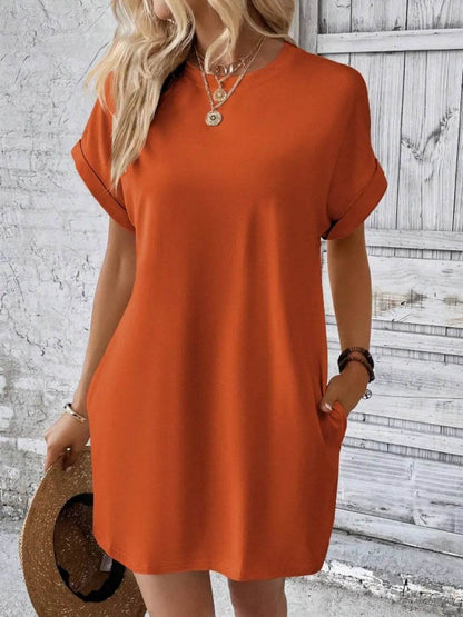 Pocketed Round Neck Short Sleeve Dress Orange-Red Trendsi ab10e548-798e-48cf-9cbc-fcf1bc29a4ec-Max