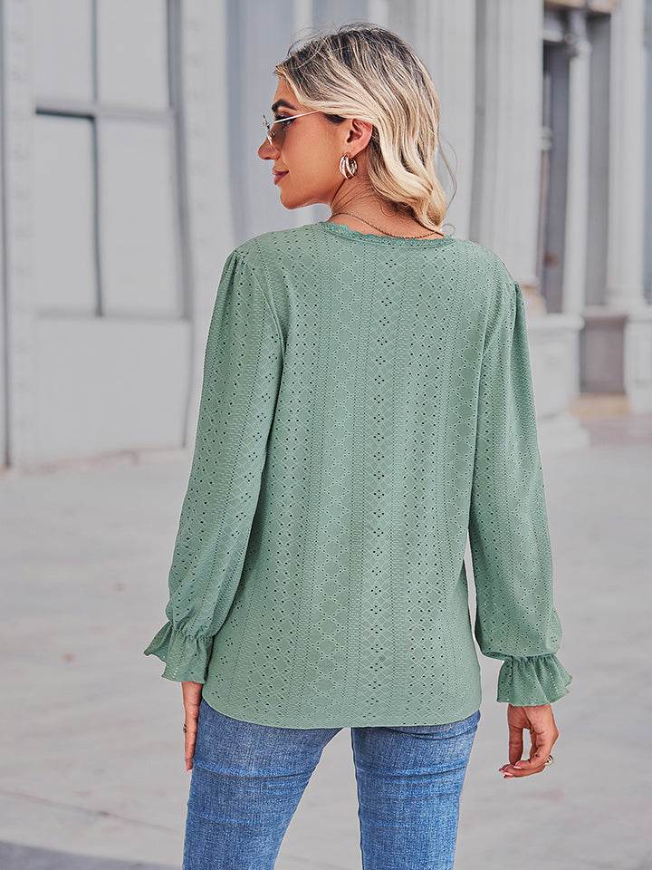 Eyelet V-Neck Flounce Sleeve Blouse Trendsi ab1b3dc37c594a75bc5bf2441e323b65-Max