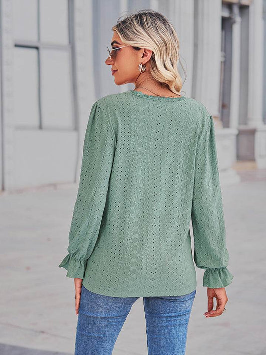 Eyelet V-Neck Flounce Sleeve Blouse Trendsi ab1b3dc37c594a75bc5bf2441e323b65-Max