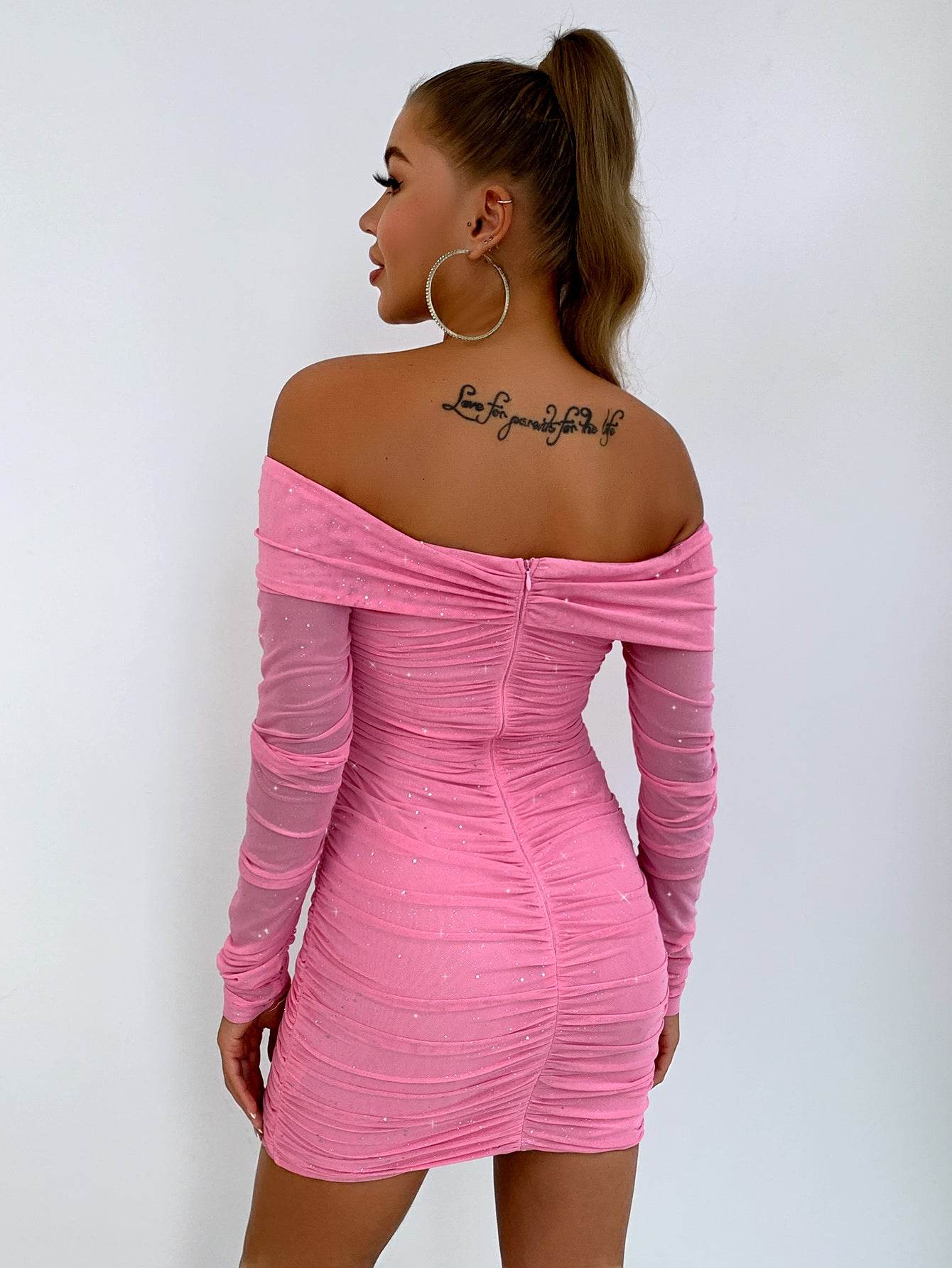 Glitter Ruched Off-Shoulder Long Sleeve Bodycon Dress Trendsi ab443416fdb643f295cc845a3a15e6d1-Max