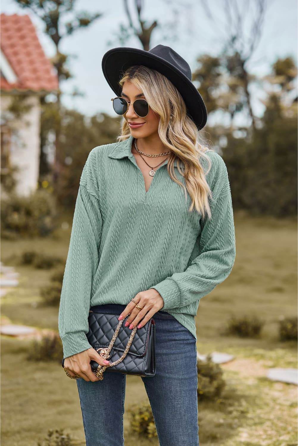 Collared Neck Cable-Knit Long Sleeve Blouse Trendsi ab4b752240b14cb9b2076fecb6792b36-Max
