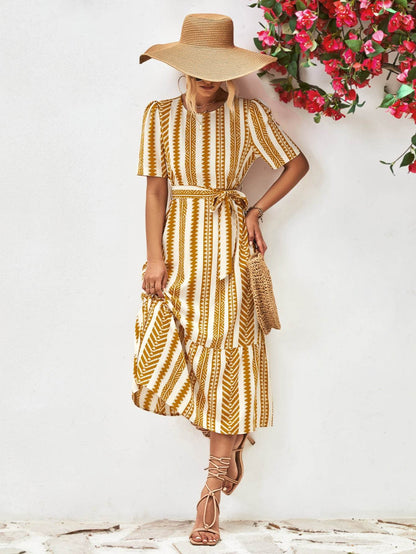 Striped Tie Belt Round Neck Puff Sleeve Dress Trendsi ab5706261b584e869411d5833cef50bc-Max