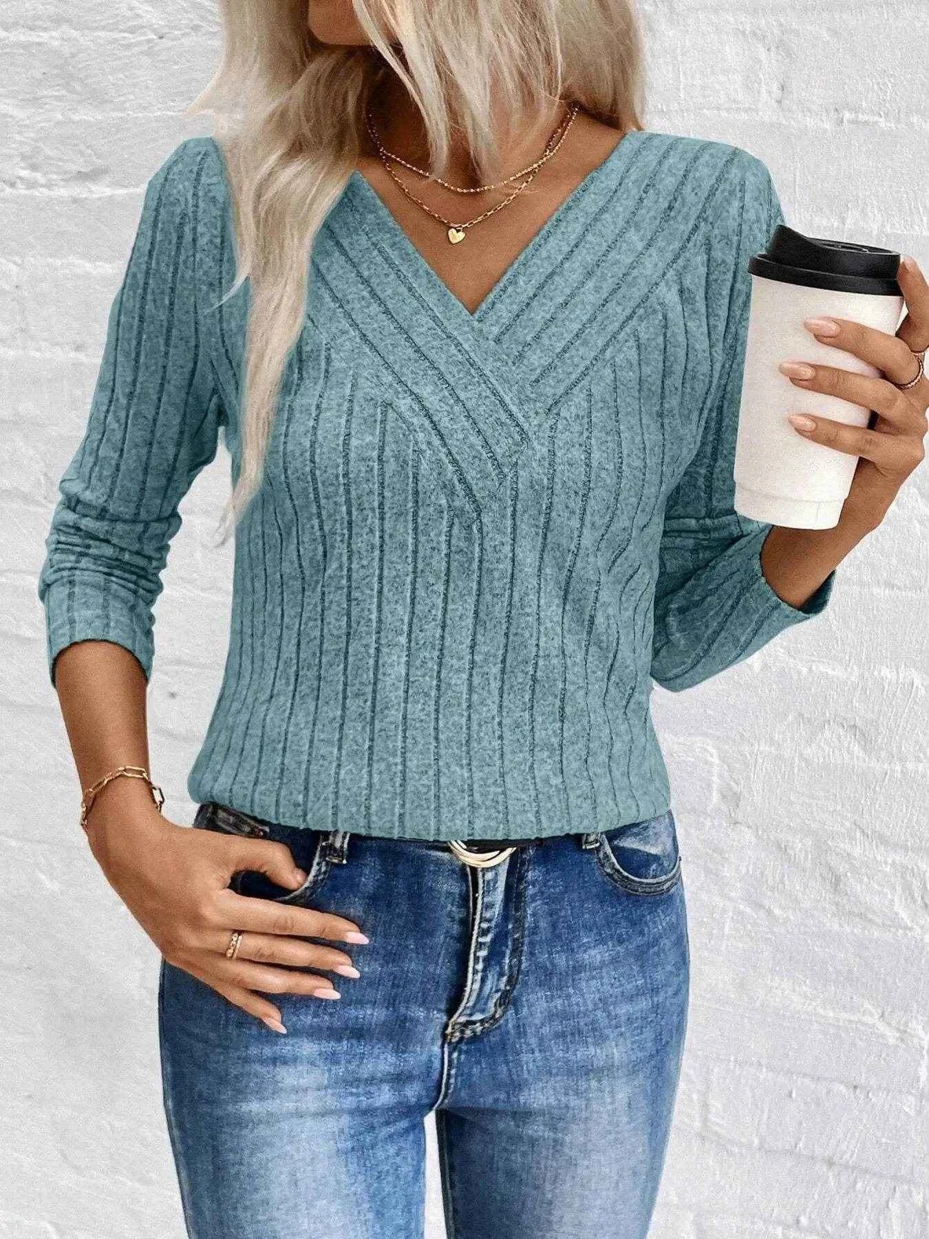 Ribbed V-Neck Long Sleeve Knit T-Shirt Peacock Blue Trendsi ab5c5e0df6724960a1f2aa94637a35bb-Max-Origin