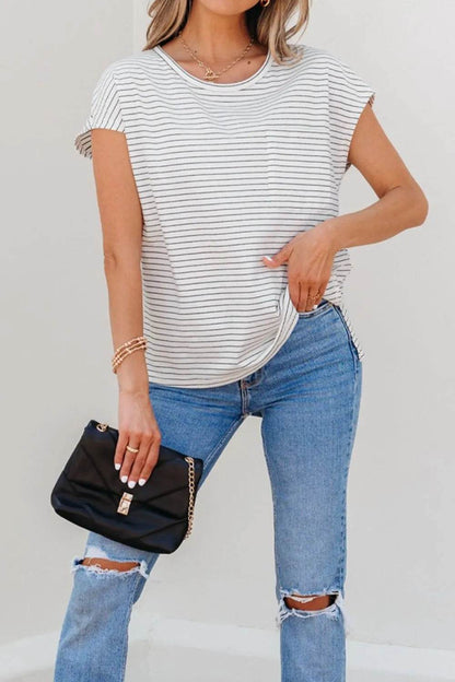 Stripe Cap Sleeve Crew Neck Casual Tee with Chest Pocket Trendsi ab7833da-2a70-4fbf-a842-372d25e3e963-Max-Origin