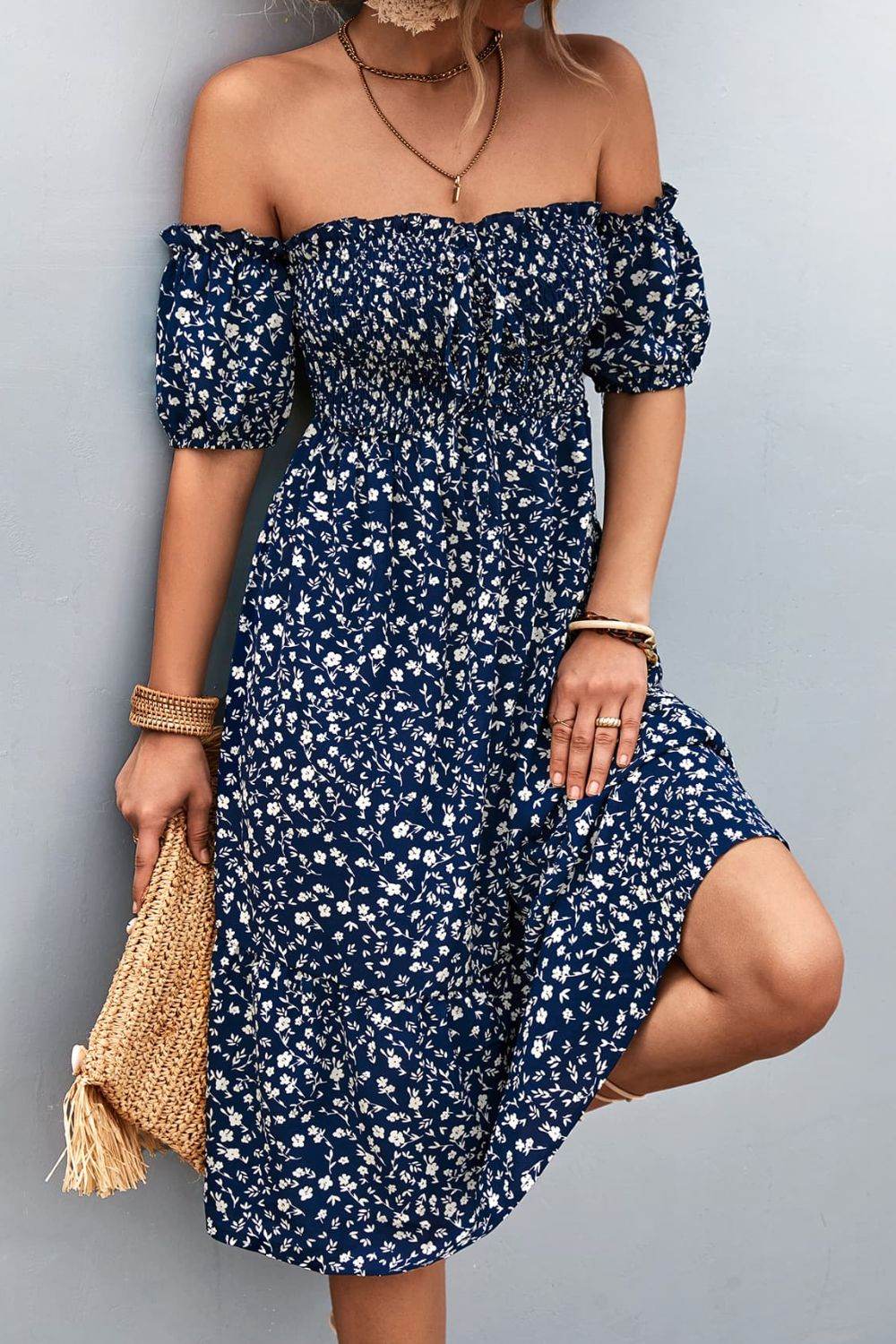 Ditsy Floral Smocked Frill Trim Off-Shoulder Dress Trendsi ab98ad535bb846c298709a3b11014337-Max