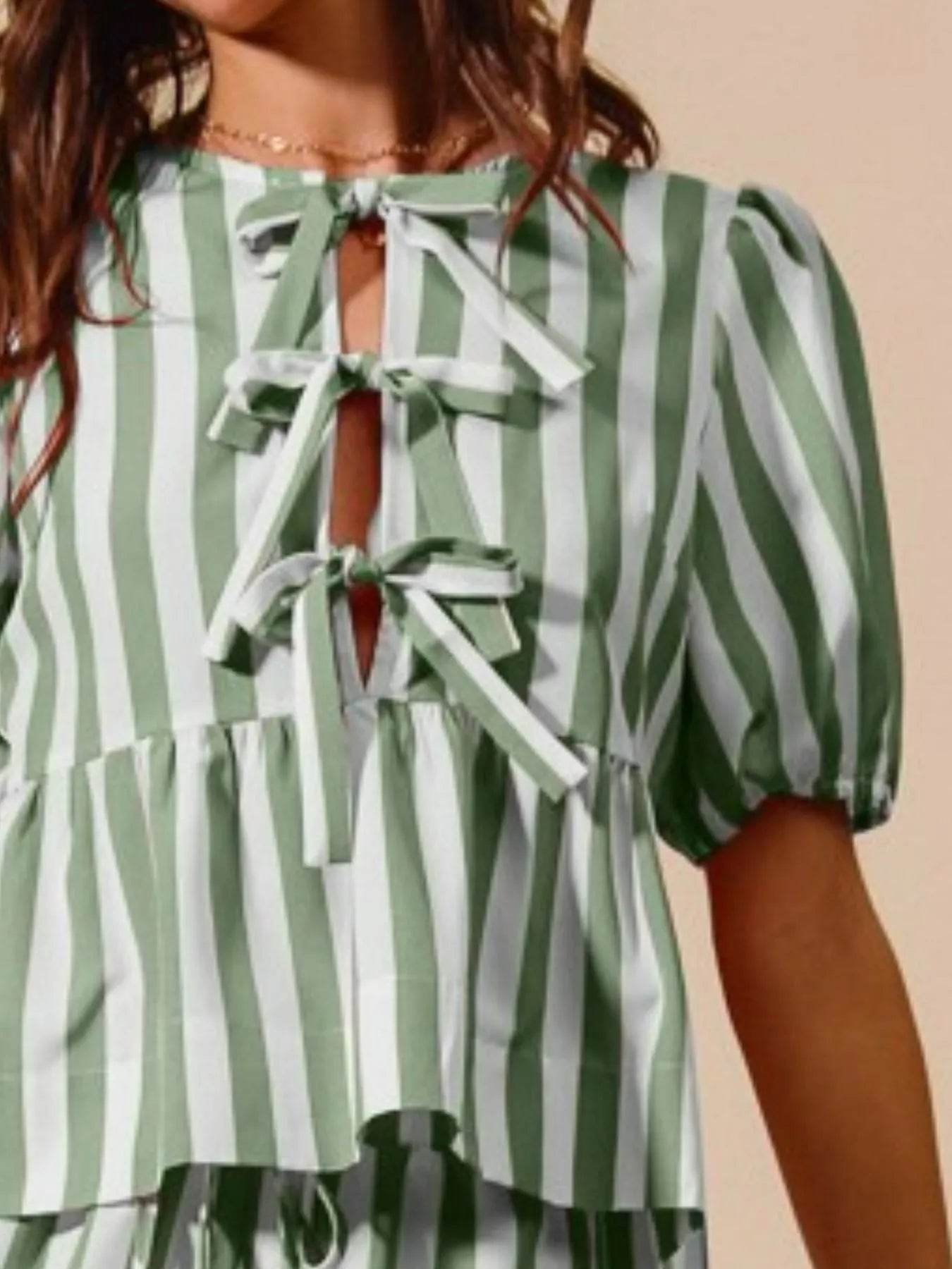 SO ME Front Tie Stripe Puff Sleeves Top and Wide Leg Pants Set Trendsi aba3bd4c-ab3d-4dc8-9360-c926fcc654e9-Max-Origin