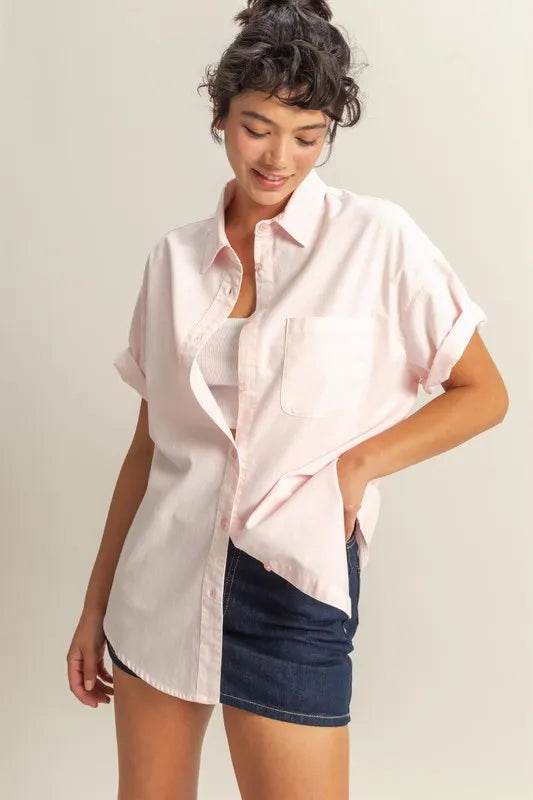 HYFVE Short Sleeve Button Down Oversized Shirt SOFT PINK Trendsi aba4faea859b4ff78e68a16d202f19d2-Max-Origin