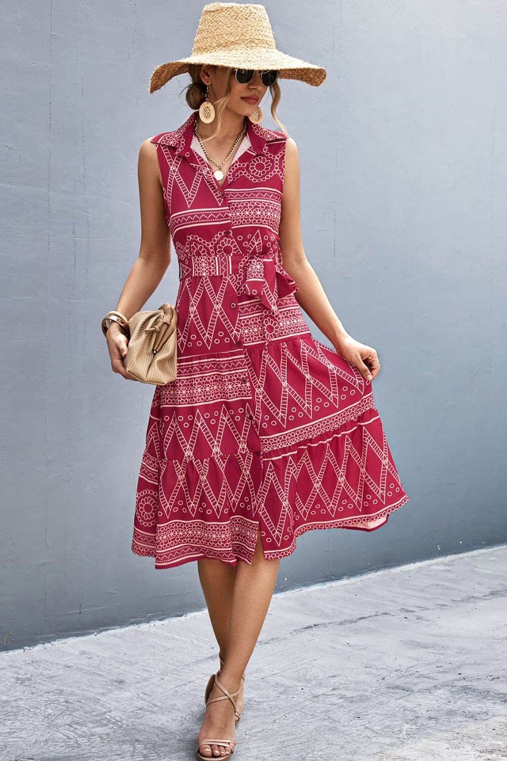 Printed Button Front Tie-Waist Sleeveless Collared Dress Deep Red Trendsi abde2c615f8c482ca674ce0bc0fb55a0-Max