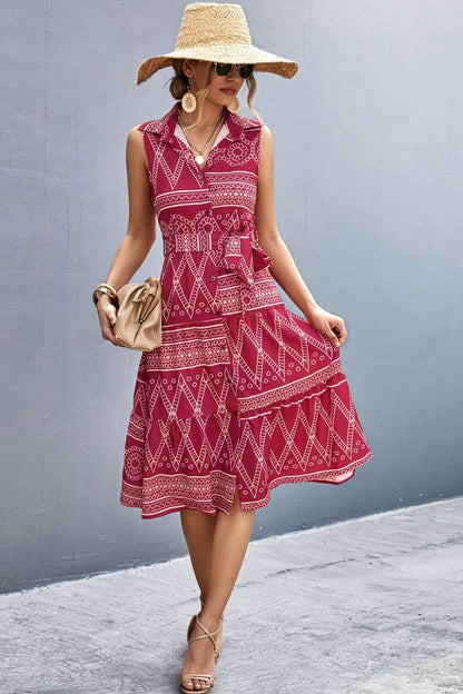 Printed Button Front Tie-Waist Sleeveless Collared Dress Deep Red Trendsi abde2c615f8c482ca674ce0bc0fb55a0-Max