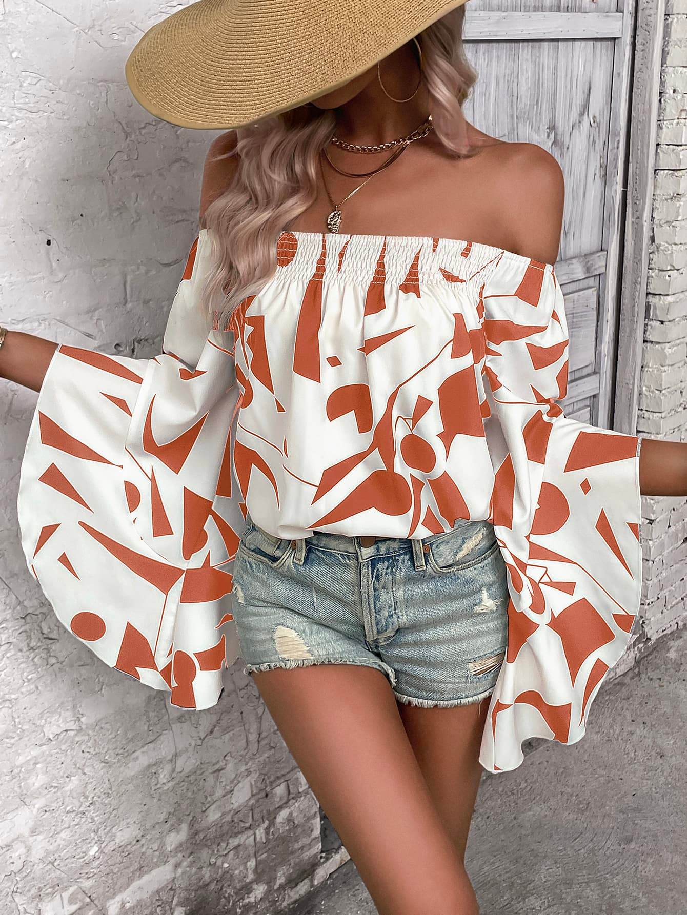 Printed Off-Shoulder Bell Sleeve Blouse Red Orange Trendsi abe60bb30e5d40c79f8399a0d8229336-Max