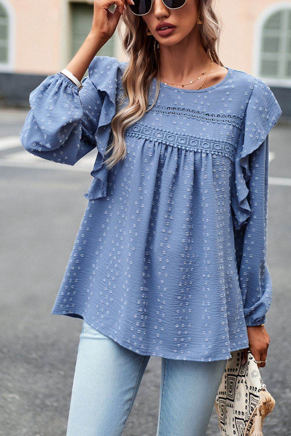 Devine Ruffle Trim Balloon Sleeve Blouse Trendsi abfbaf16ccca48c0af4340ec3edace56-Max