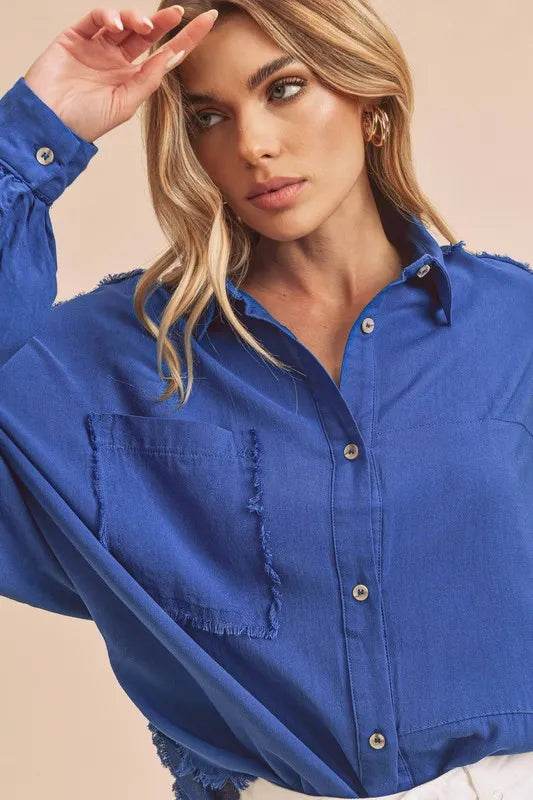 Aemi + Co Raw Edge Exposed Seam Collared Neck Long Sleeve Shirt Trendsi ac14d261-c61e-4785-aa2d-62e384b2f6f9-Max