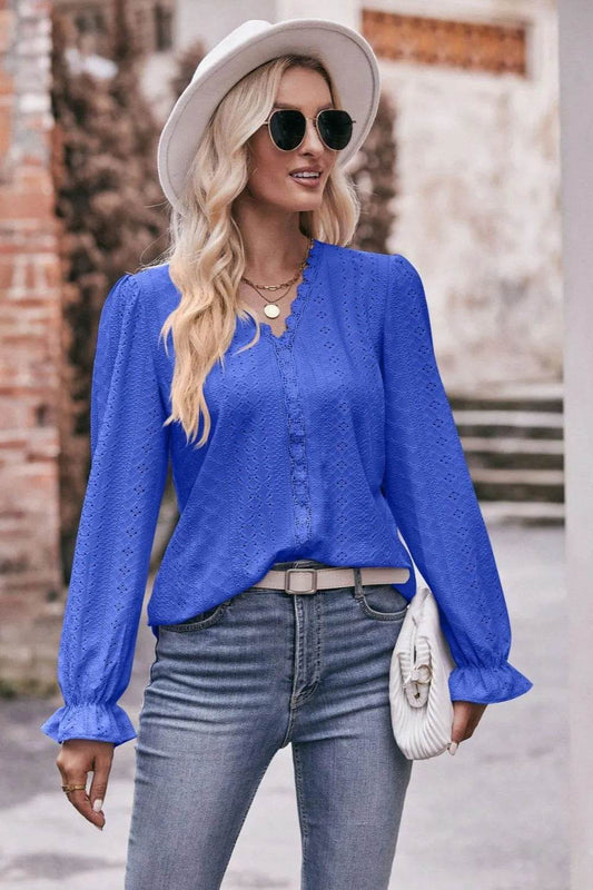 Mandy Eyelet V-Neck Flounce Sleeve Blouse Trendsi ac22dfef-04b4-4c84-9739-b9604ec12431-Max