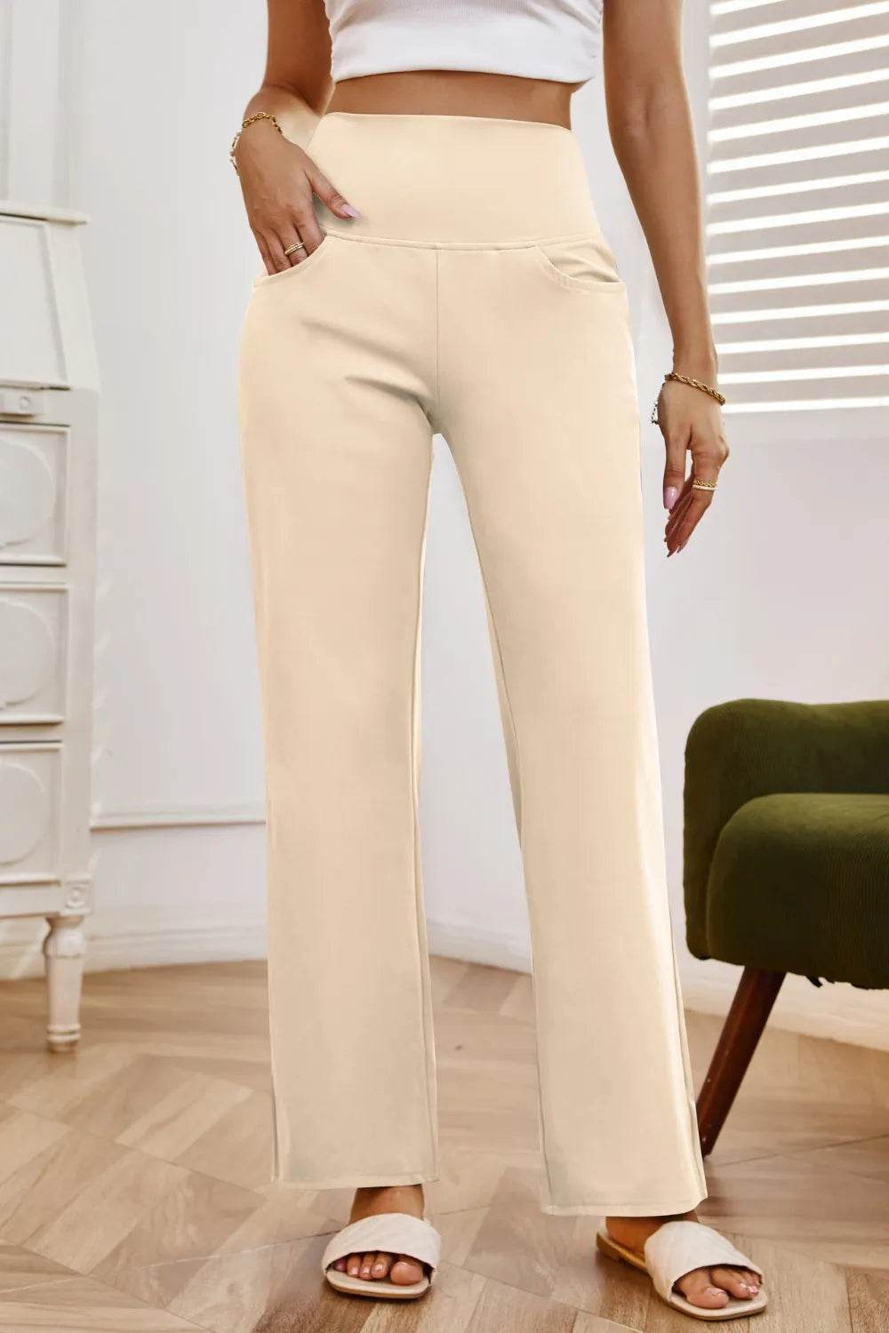 High Waist Wide Leg Pants with Pockets Tan Trendsi ac35722d-f421-474a-b37b-3f62b5b5c637-Max