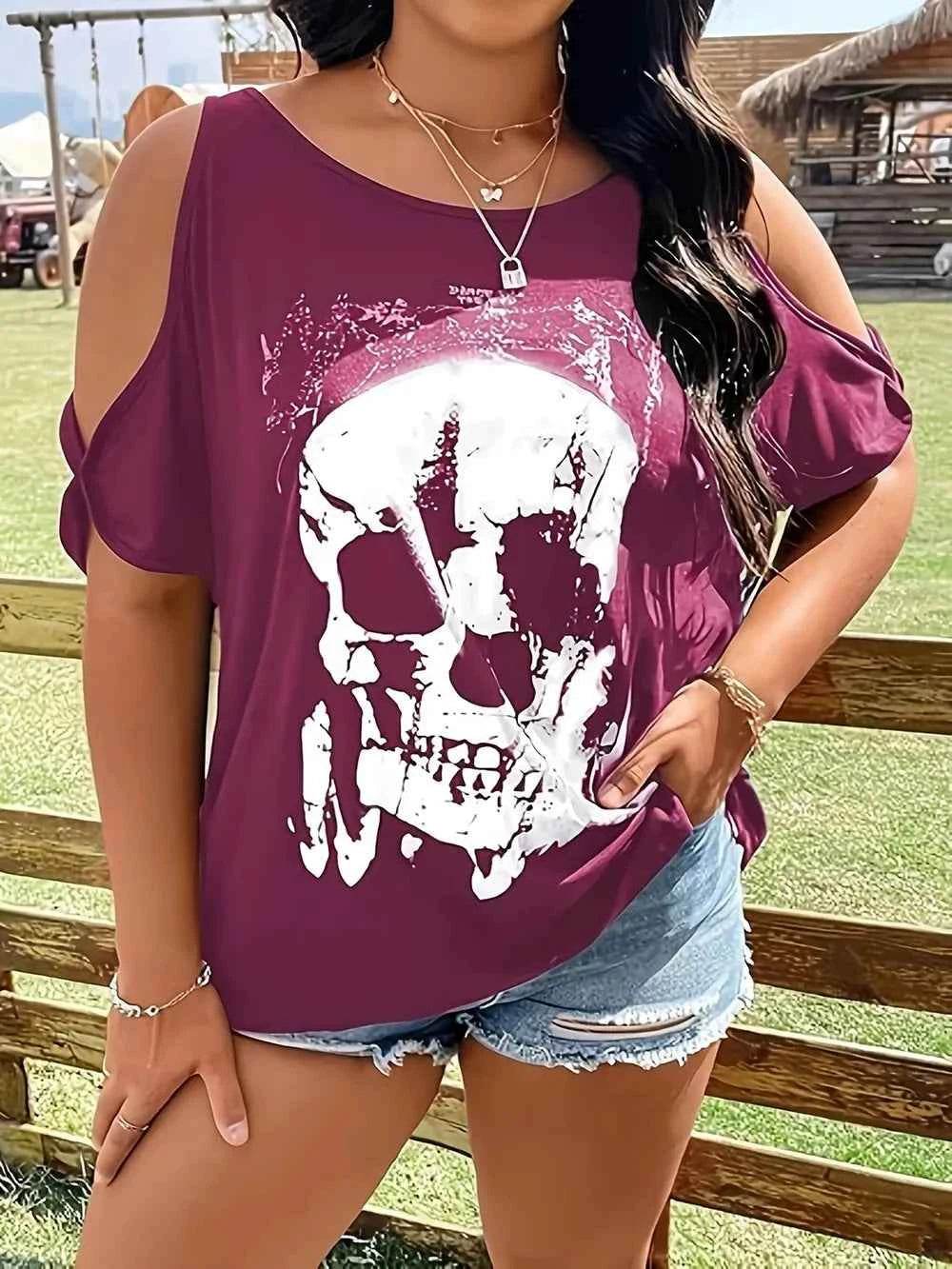 Plus Size Skeleton Graphic Round Neck Cold Shoulder T-Shirt Trendsi ac3ca4d3-4781-471c-9f52-b3bef1b74217-Max