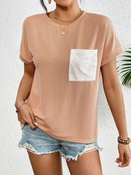 Ribbed Contrast Pocket T-Shirt Ginger Yellow Trendsi ac3f23df27854bfb95fe56459a5d30a2-Max-Origin