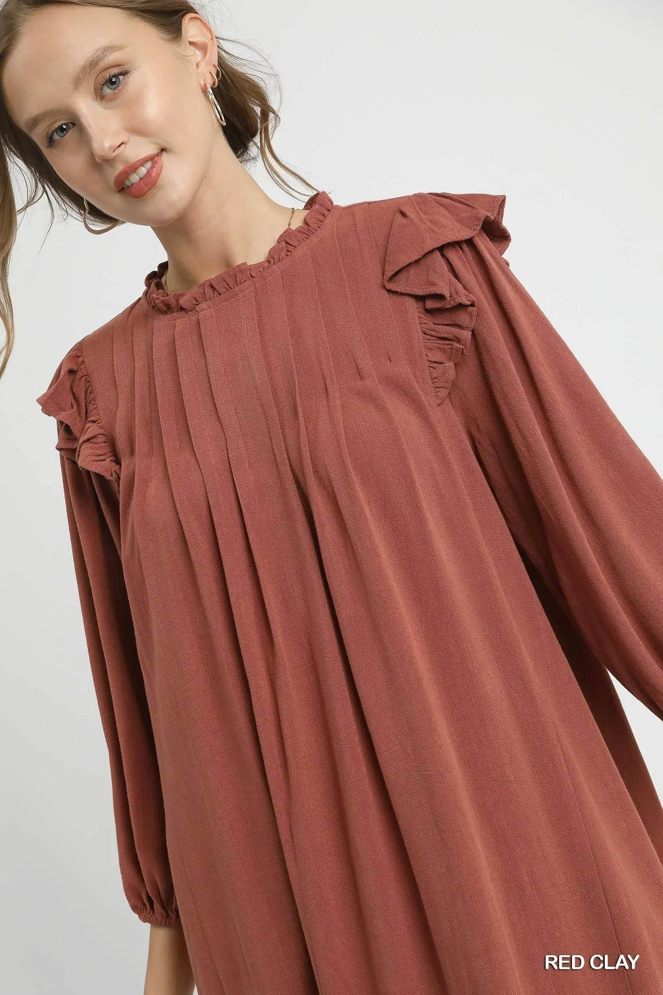 Umgee Linen Ruffle Shoulder Pleated Babydoll Dress Trendsi ac5c3803-1128-4401-b260-fb6f5a299f06-Max-Origin