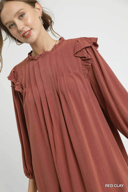 Umgee Linen Ruffle Shoulder Pleated Babydoll Dress Trendsi ac5c3803-1128-4401-b260-fb6f5a299f06-Max-Origin