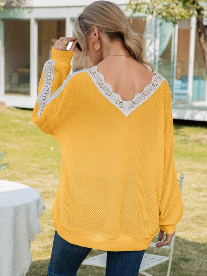 Ivy Lane Contrast Spliced Lace V-Neck Top Trendsi acc1783d190347eebabf8d71e42fc60b-Max