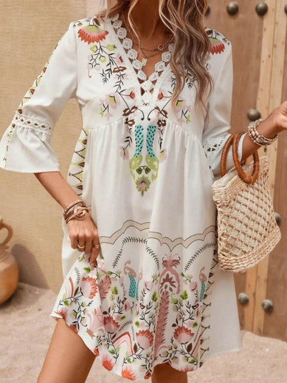 Lace Detail Printed Three-Quarter Sleeve Dress Apricot Trendsi accff657-a416-4722-964d-e86b063388f2-Max