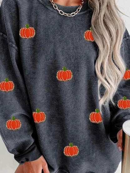 Pumpkin Round Neck Long Sleeve Sweatshirt Trendsi ace2c408-4733-405d-84c6-fbb32b689386-Max