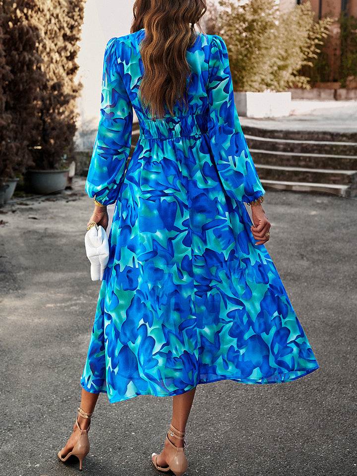 Devine Printed V-Neck Long Sleeve Midi Dress Trendsi acec82d59f924874a8001b3c8190b87a-Max