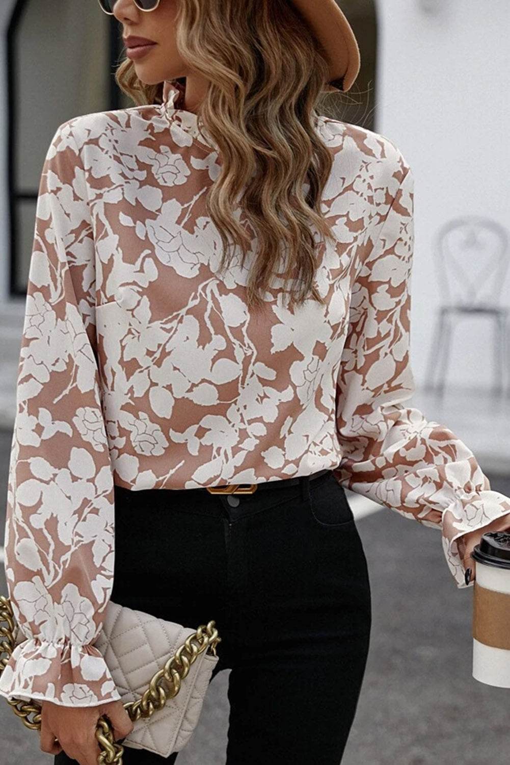 Floral Print Mock Neck Flounce Sleeve Blouse Trendsi acf9a08a12964f42bce75932416c9b09-Max