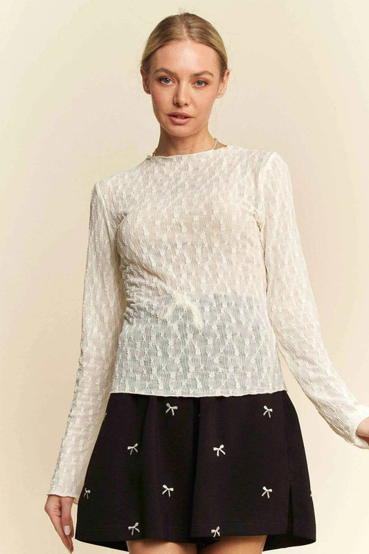 Davi & Dani Long Sleeve Sheer Small Embroidered Bows Lace Top CREAM Trendsi acff0e3175c5444dbb434841573553b3-Max-Origin