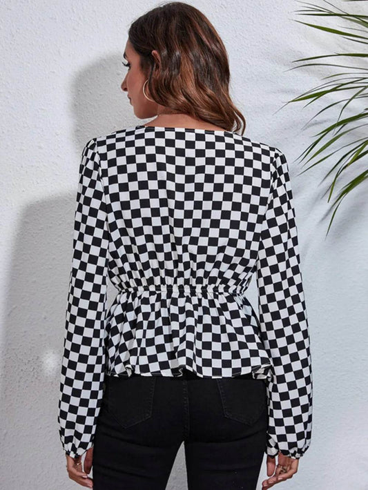 Checkered V-Neck Balloon Sleeve Peplum Blouse Trendsi ad2a26ba3c3f43a883970a731c5029a7-Max