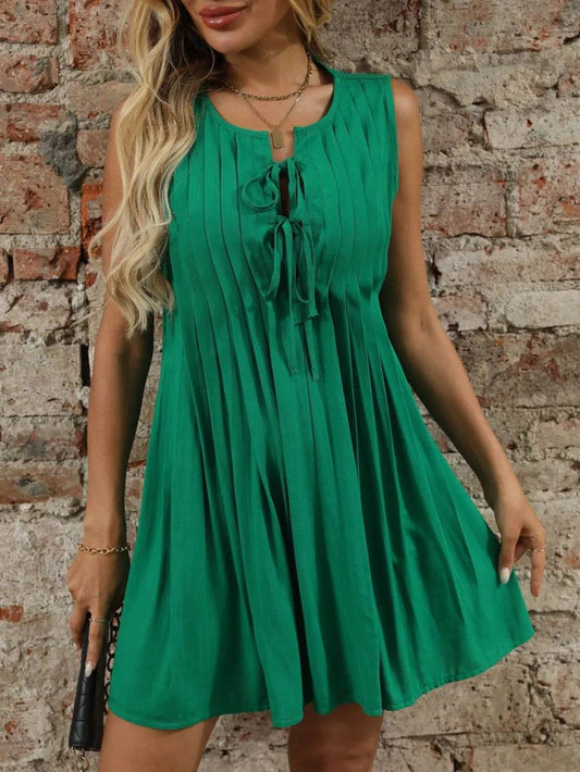 Tied Front Pleated Sleeveless Mini Dress Green Trendsi ada2ef73-0b45-4d0d-8f4f-9f5c20f90a91-Max