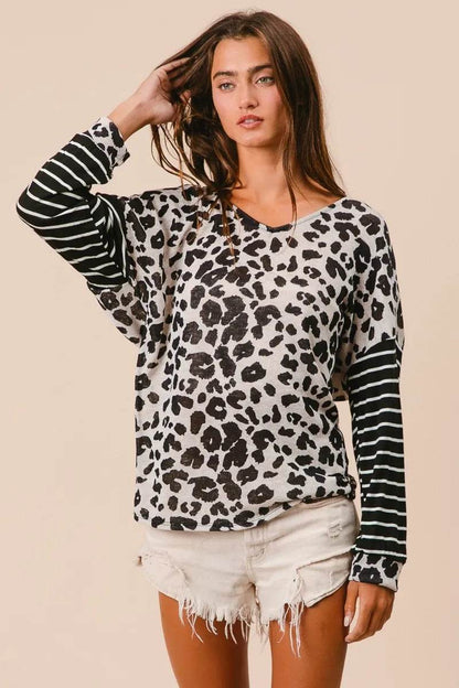 BiBi Leopard Hacci Knit Twist Back Top With Stripe Sleeve Trendsi adc1ce7616d7445e869fdab8a63c4abc-Max-Origin