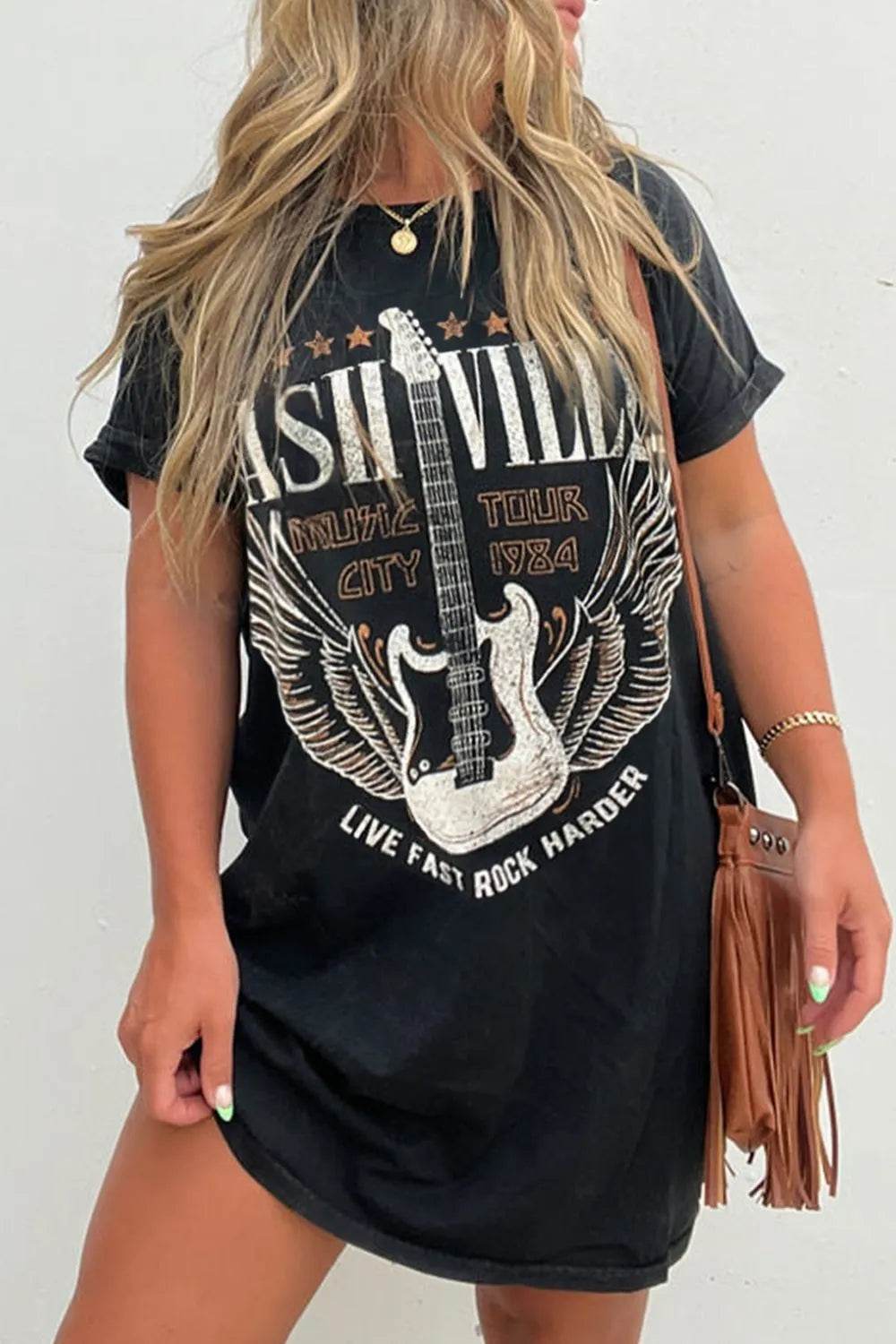 Graphic Round Neck Short Sleeve Tee Dress Black Trendsi adcf7f17-228d-4a1a-b25c-764b5076f9be-Max