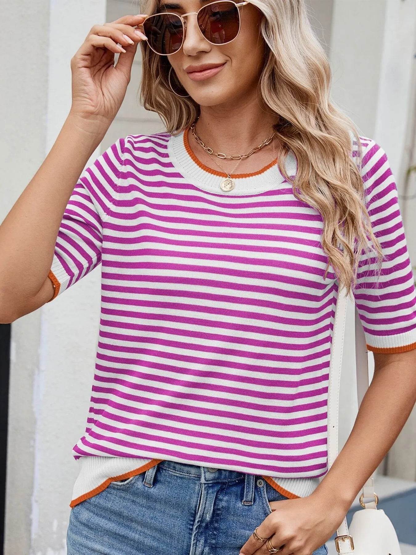 Striped Casual T-Shirt with Contrast Trim Trendsi addb2ac5495c48a995dc84cd4a0e82cb-Max-Origin