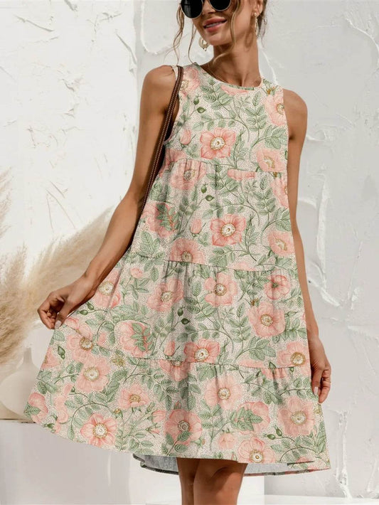 FAM-FAM Tiered Printed Round Neck Sleeveless Dress Watermelon pink Trendsi ade1c48c-5c26-4e32-ba89-0badcc072b44-Max