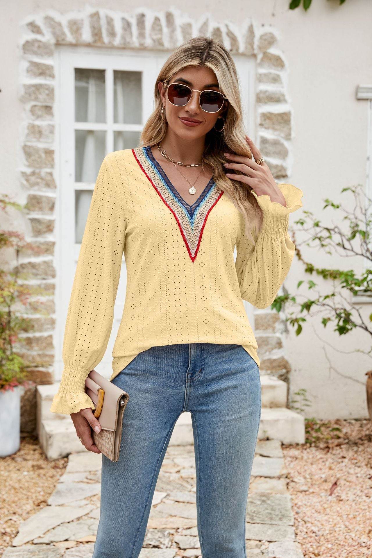 Eyelet Flounce Sleeve V-Neck Blouse Light Yellow Trendsi adfa8c5e4edc49e09dc129b6f3edb2ca-Max