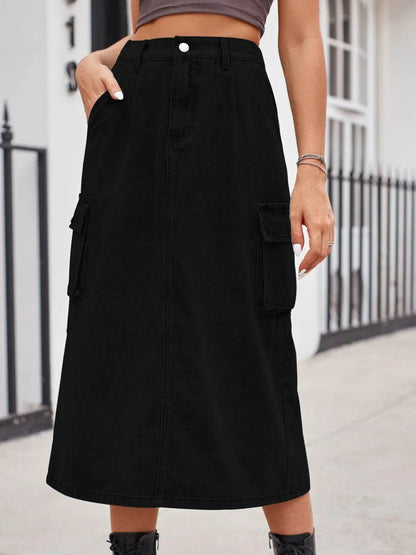 Slit Buttoned Denim Skirt with Pockets Trendsi adfdb8b2-d73f-4576-9b51-7b7d989df25f-Max