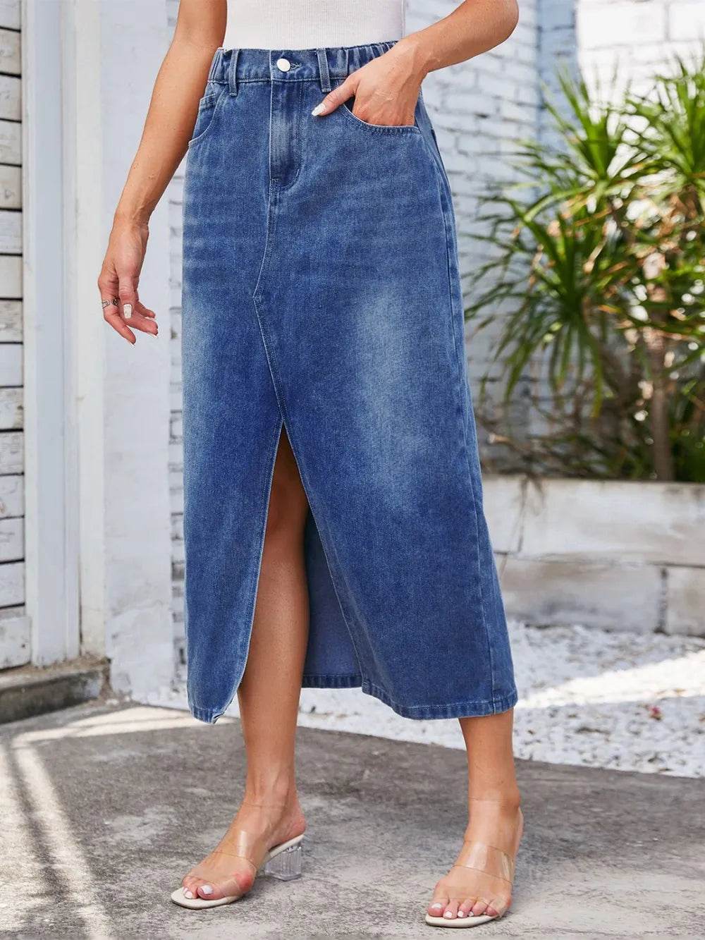 Slit Midi Denim Skirt with Pockets Trendsi ae3f5422-5b99-4200-a85f-d2082da190af-Max