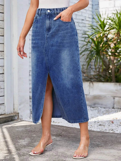 Slit Midi Denim Skirt with Pockets Trendsi ae3f5422-5b99-4200-a85f-d2082da190af-Max