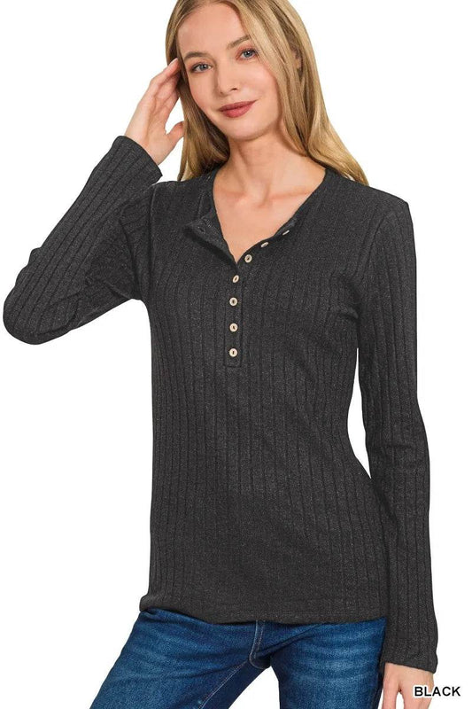 Zenana Ribbed Long Sleeve Half Button Top Trendsi ae442edda6fd4bd0bc53ba04d9eb6b6c-Max-Origin
