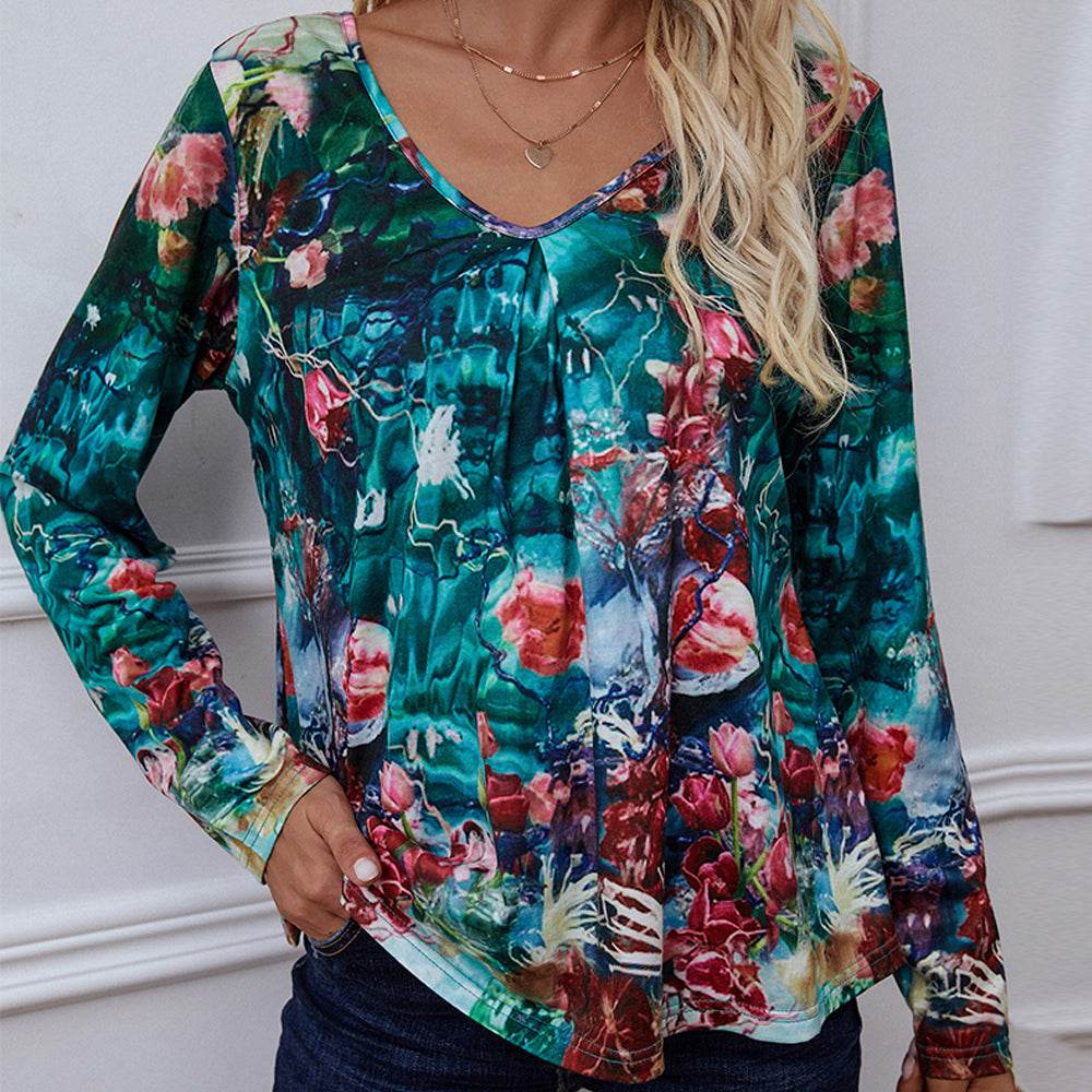 Shiny Printed V-Neck Long Sleeve Blouse Floral Trendsi ae5b8f018f604f238ffcb8c454efbdd0-Max