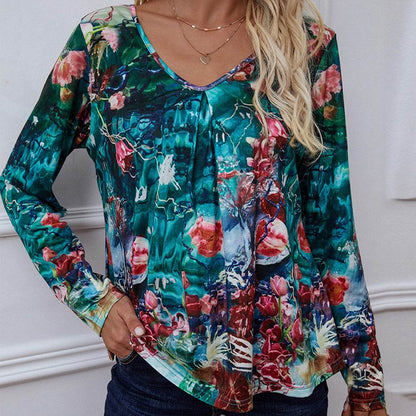 Shiny Printed V-Neck Long Sleeve Blouse Floral Trendsi ae5b8f018f604f238ffcb8c454efbdd0-Max
