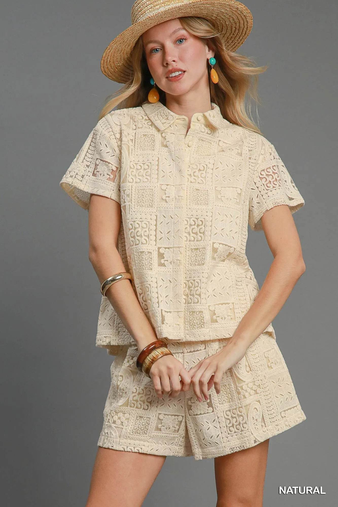Umgee Patch Lace Short Sleeve Button Down Shirt Trendsi ae732f34-9bdf-4fb9-86f9-50ca524843ee-Max-Origin