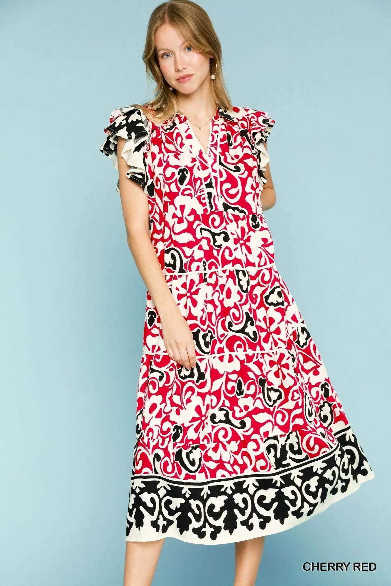 Umgee Printed Ruffled Cap Sleeve Midi Dress CHERRY RED Trendsi aea65445-af1b-45c1-b477-68c0503c11fa-Max-Origin