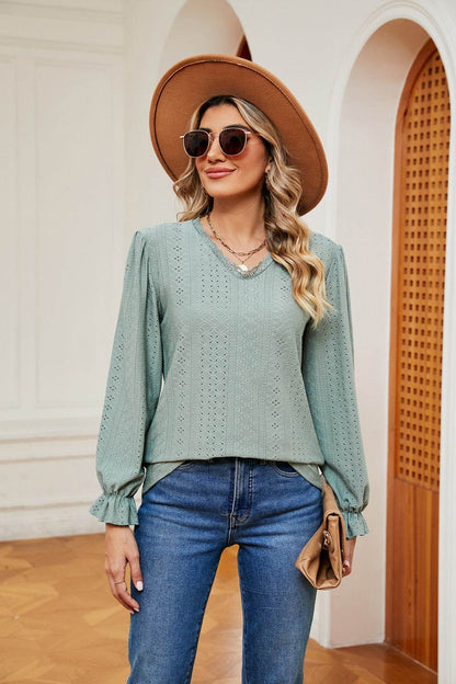 V-Neck Flounce Sleeve Blouse Gum Leaf Trendsi aeae73b666c04832ba54b4bab2a77b6b-Max