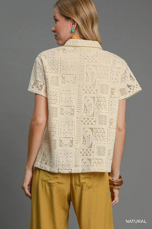 Umgee Patch Lace Short Sleeve Button Down Shirt Trendsi aec887a0-8292-495d-bbcd-793b201aa483-Max-Origin