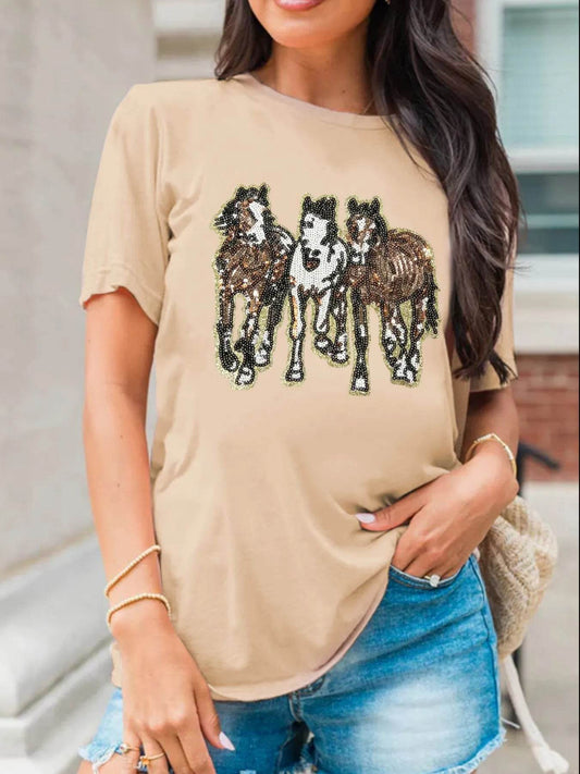 Sequin Horses Patched Casual Crewneck T Shirt Khaki Trendsi aecd3994-9afa-43ed-95a6-d9582db1a53b-Max-Origin