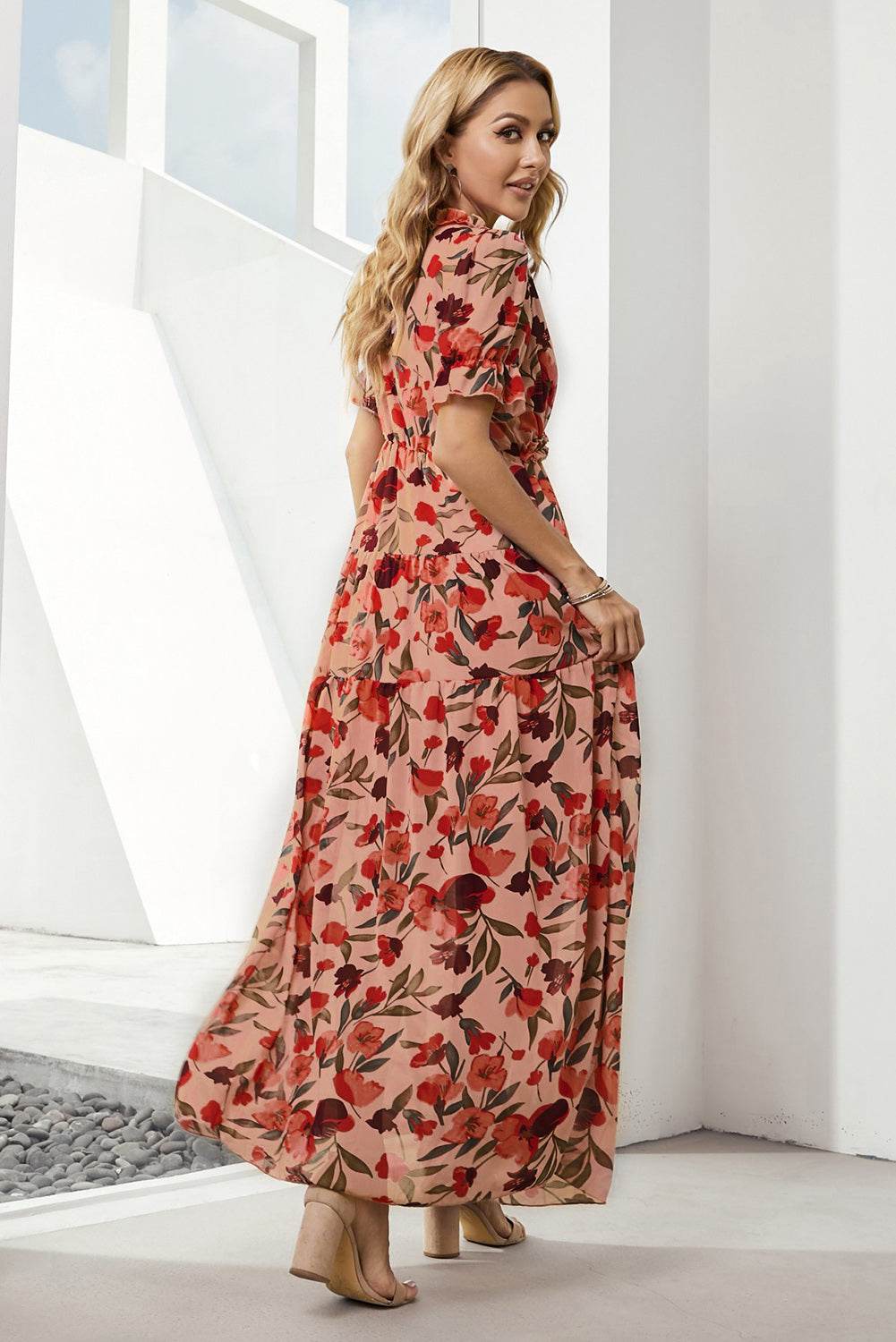 Floral V-Neck Short Flounce Sleeve Dress Trendsi aef8e4bb32f2414cb3560fce7e264f53-Max